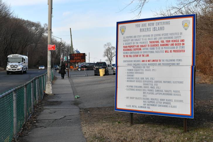 A view of the entrance sign at Rikers Island.